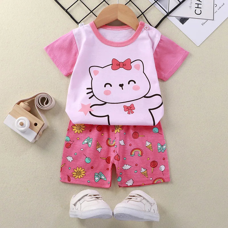 Baby Girl Summer Outfit Set Short Sleeve T-shirt And Shorts Children's Clothing Ages 0-4T