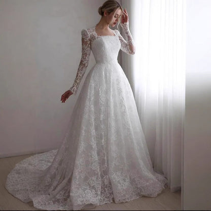 Embroidered Long Sleeve Trailing Wedding Dress