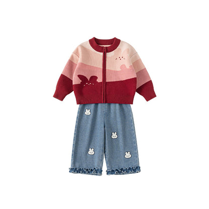 Cartoon Girls Sweater Jeans Set Acrylic Knitted