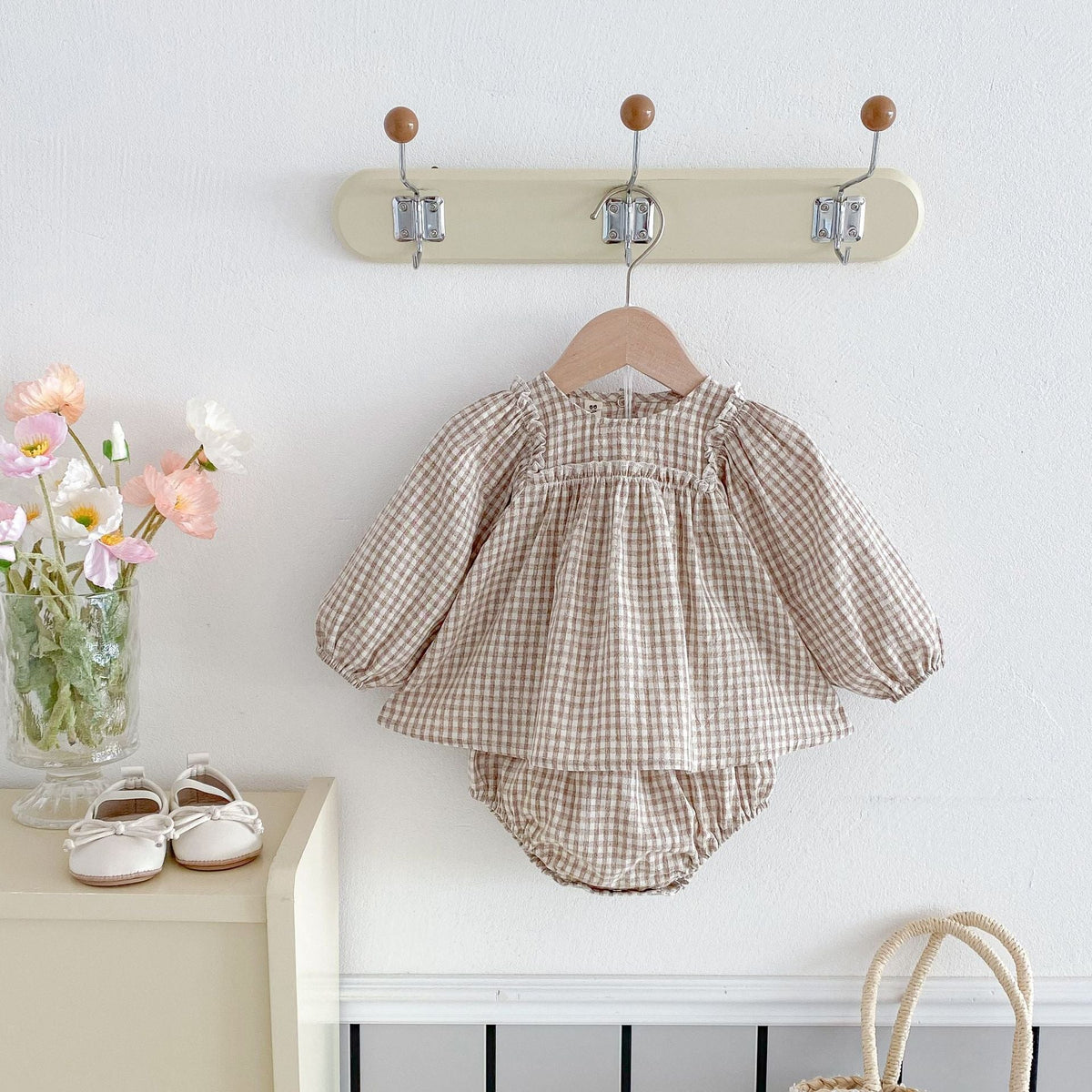 Embroidered Plaid Baby Girl Bloomers Set Cotton