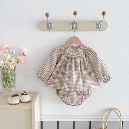 Embroidered Plaid Baby Girl Bloomers Set Cotton