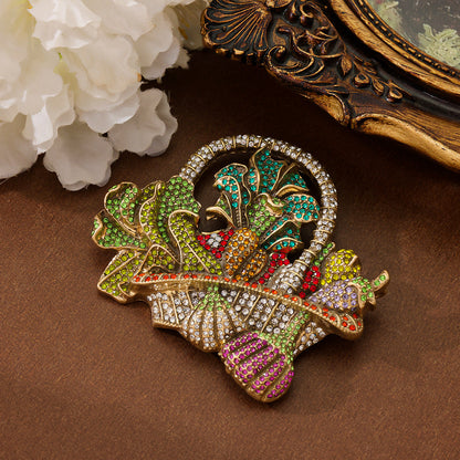 Heavy-industry Rhinestone Fruit Basket Brooch Vintage Distressed Style