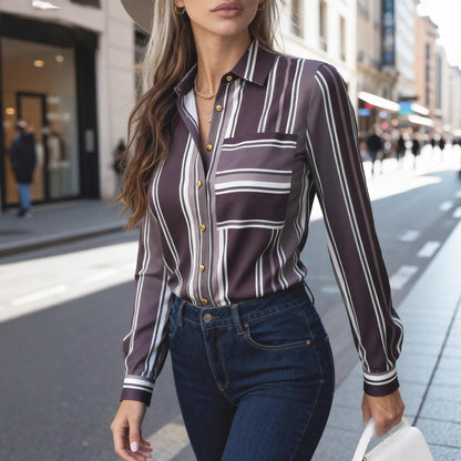 Elegant Sophisticated Striped Patchwork Print Blouse With Long Sleeves For Workwear