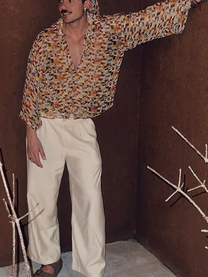 Retro Geometric Print Sheer Oversized Shirt