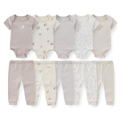 Kiddiezoom 10 Pcs/Lot Four Seasons Fashion Unisex Baby Boy Girl Clothing Set Soft Newborn Bodysuits+Pants Infant Outfit Gift