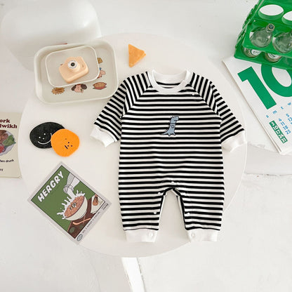 Springautumn New Arrival Striped Dinosaur-embroidered Baby Romper For 0 2 year olds