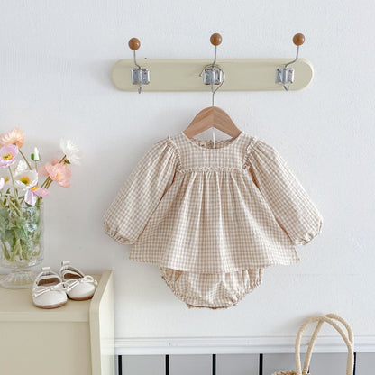 Embroidered Plaid Baby Girl Bloomers Set Cotton