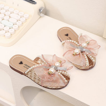 Girls' Children's Slippers Summer Style Fish Mouth Outdoor Half Drag Sandals Fashionable Middle-aged Children's Bow One Line Cool Drag