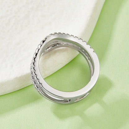 S925 Sterling Silver Double Band Ring, 54 D-VVS1 Moissanite Pave, Platinum Plated 4.7g US Sizes 5-9, GRA Certified Gift Box