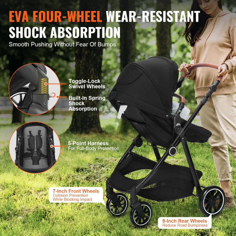 Deluxe Adjustable Baby Stroller with Bassinet - Black - # BAGEG11010003