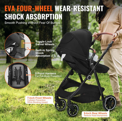 Deluxe Adjustable Baby Stroller with Bassinet - Black - # BAGEG11010003