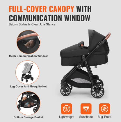Deluxe Adjustable Baby Stroller with Bassinet - Black - # BAGEG11010003