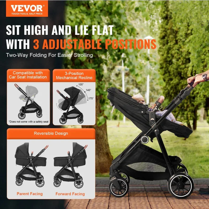 Deluxe Adjustable Baby Stroller with Bassinet - Black - # BAGEG11010003