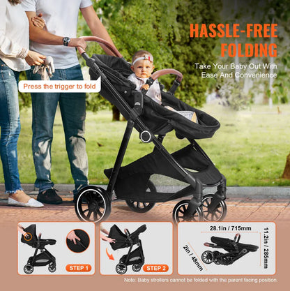 Deluxe Adjustable Baby Stroller with Bassinet - Black - # BAGEG11010003