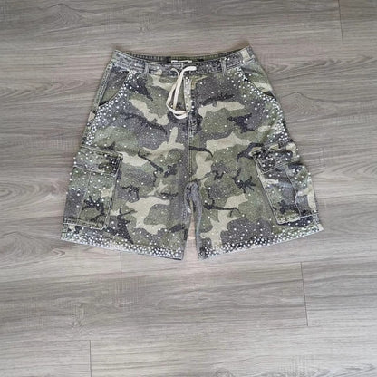 Straight-leg Rhinestone-studded Denim Shorts