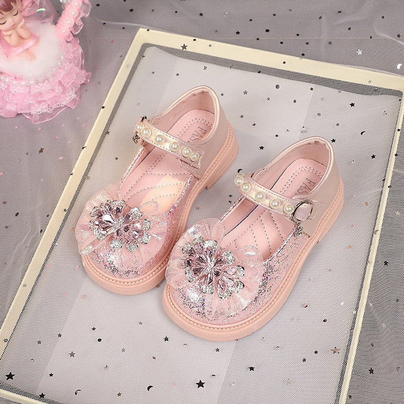 2026 Spring & Autumn New Girls Light-Up Princess Leather Shoes, Elsa Crystal Soft Sole Flat Shoes, Little Girls Pearl Decor Single Shoes