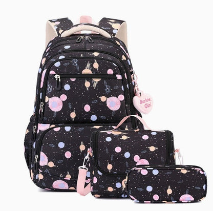 Three-piece Cartoon-print Set Junior High School Backpack Weight-reducing Campus Bag