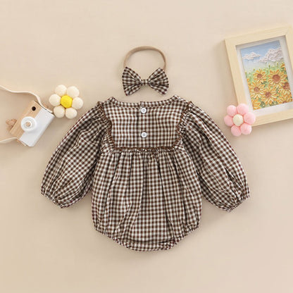 Simple Plaid-Print Long-Sleeve Outfit For Infants And Toddlers