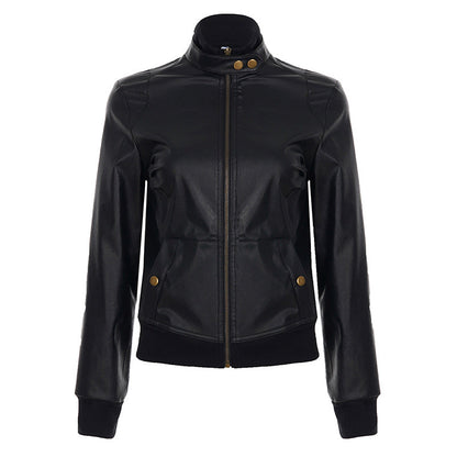 American Street Locomotive Style Waist Trimming Short Stand Collar PU Leather Jacket
