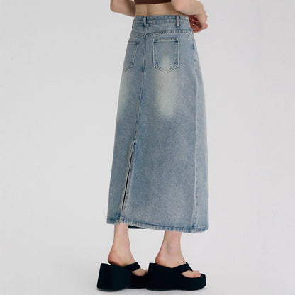 Retro Light-blue Figure-flattering A-line Skirt