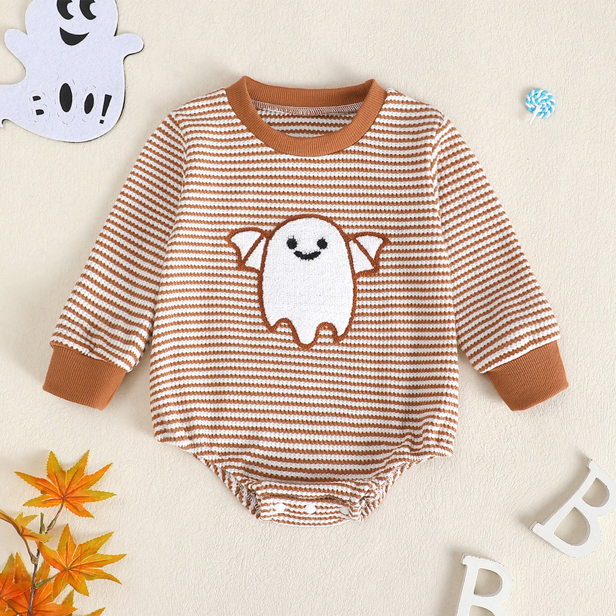Baby Girl Waffle Knit Striped Long Sleeve Romper with Ghost Embroidery