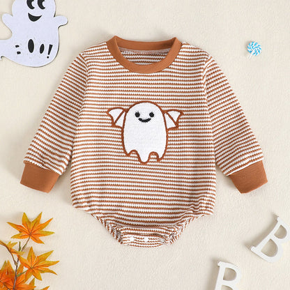 Baby Girl Waffle Knit Striped Long Sleeve Romper with Ghost Embroidery