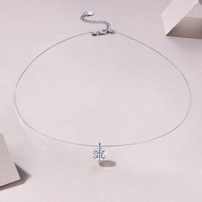 S925 Sterling Silver Invisible Necklace, 1&2&3ct D-VVS1 Moissanite Solitaire Pendant, Platinum Plated 40&46cm Chain, GRA Certified Gift Box