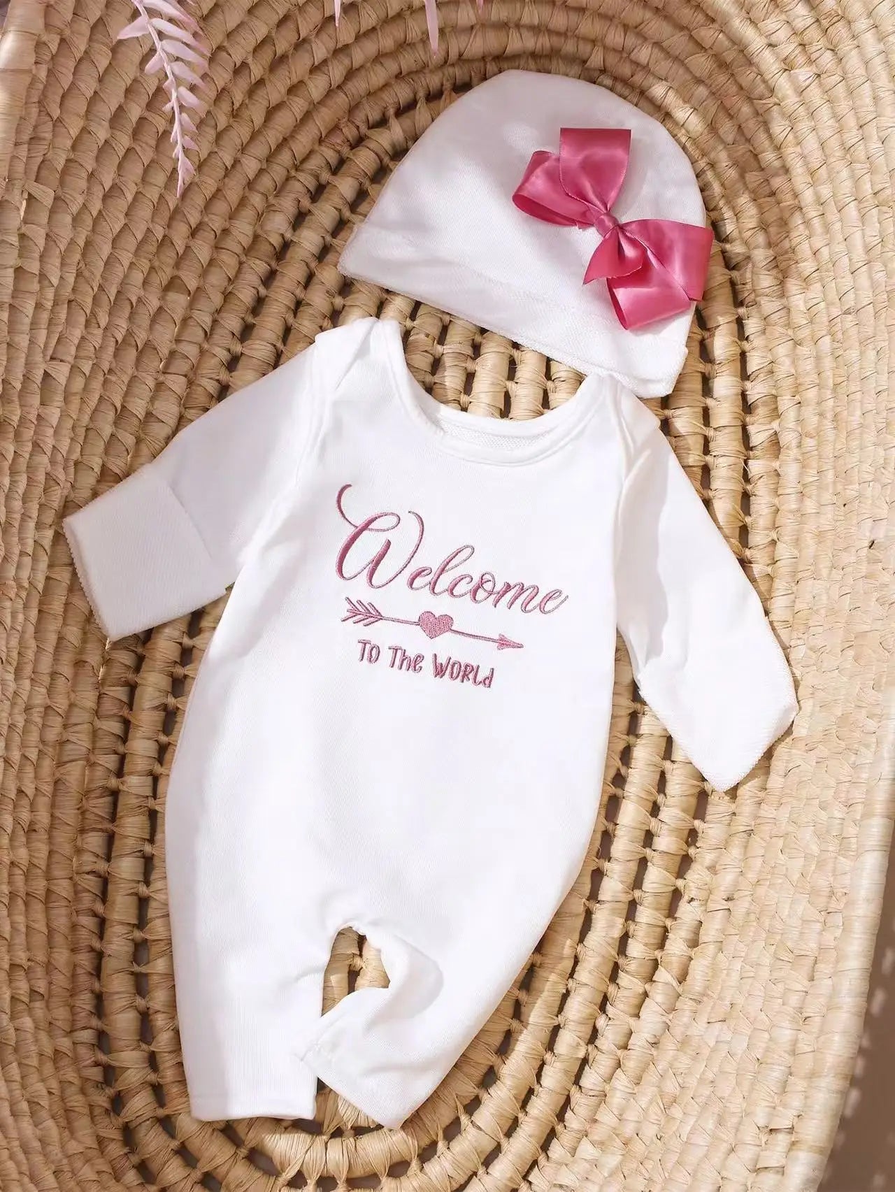 Ylsteed 2Pcs Newborn Photography Long Tleeves Romper Jumpsuit With Bow Hat Embroidery Baby Clothes Photography Props-HD