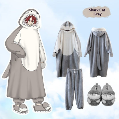 Anime Cartoon Funny Shark And Cat Onesie Pajamas Cute Cozy Loungewear Set