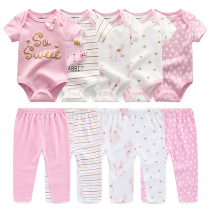 Kiddiezoom 10 Pcs/Lot Four Seasons Fashion Unisex Baby Boy Girl Clothing Set Soft Newborn Bodysuits+Pants Infant Outfit Gift