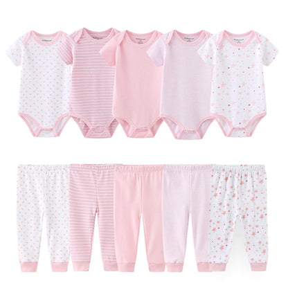 Kiddiezoom 10 Pcs/Lot Four Seasons Fashion Unisex Baby Boy Girl Clothing Set Soft Newborn Bodysuits+Pants Infant Outfit Gift