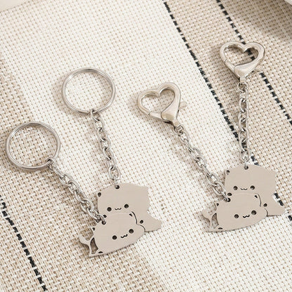 2Pcs Cute Dudu Bubu Hug Cat Couple Keychain Set, Stainless Steel Double Cat Charms, Round Key Ring & Heart Lobster Clasp, Sweet Matching Pair Gift For Lovers