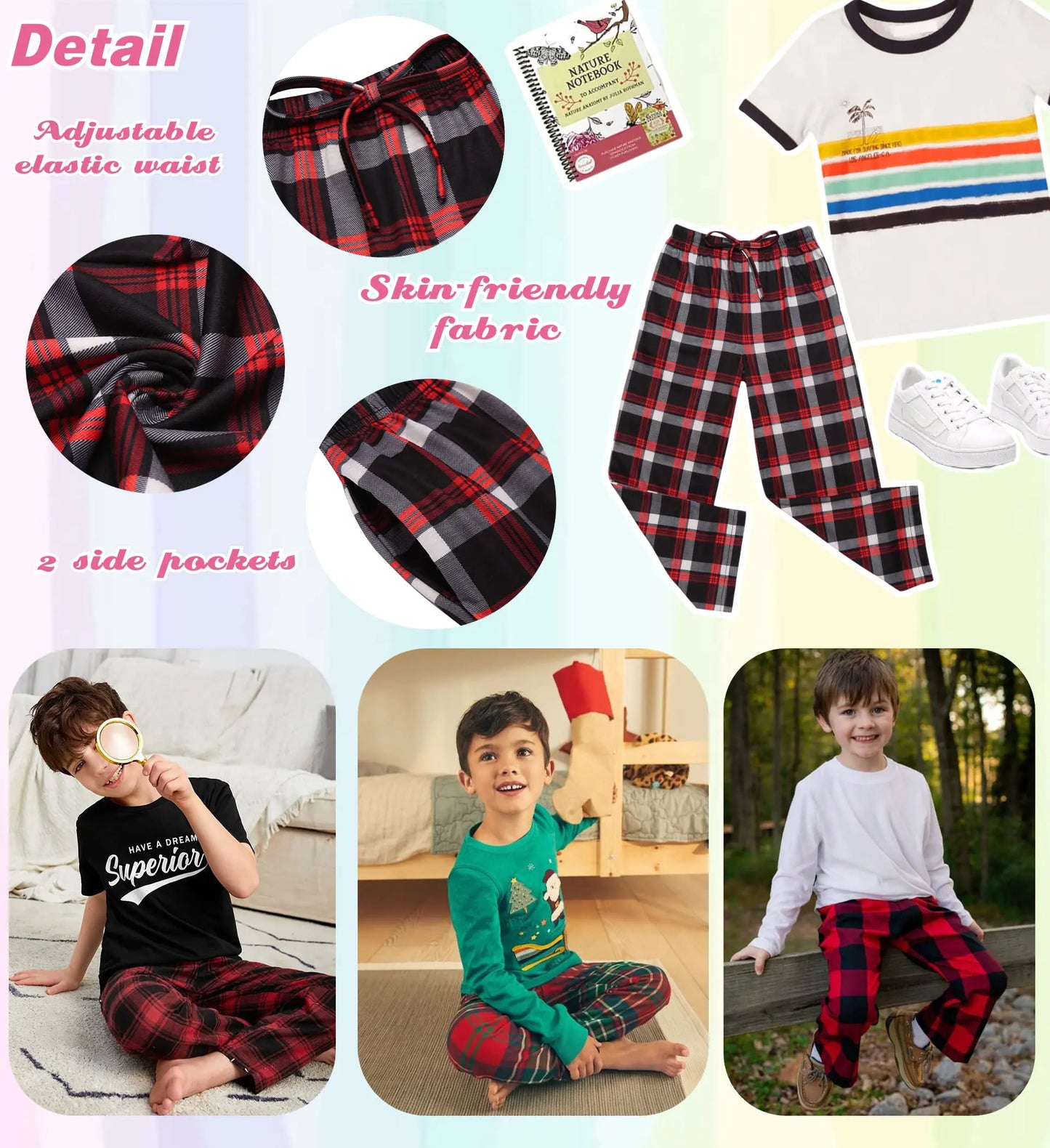 Ekouaer Boys Pajama Pants Long Sleep Pants Soft Elastic Waist Pajama Bottoms Plaid Lounge Pants with 2 Pockets 4-14 Years A-yarn Dyed Lattice2 4-5T - # BOAA11710001