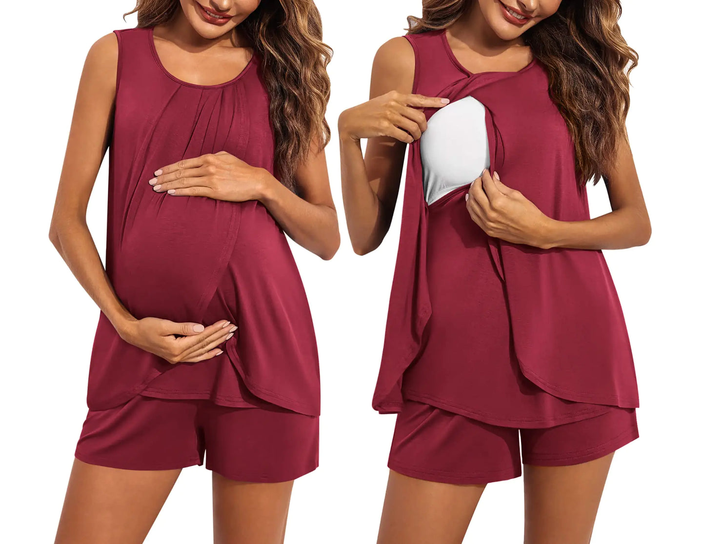 Ekouaer - Women's Maternity Nursing Pajamas Set | Sleeveless Breastfeeding Shirts | Pregnancy Shorts Nursing PJS | Wine Red | M - # NURSGA11410107