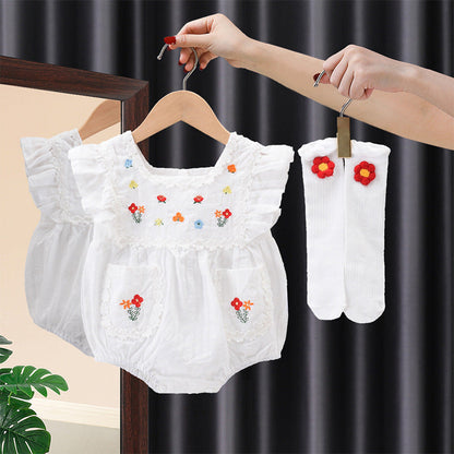 Embroidered Baby Girl Romper | With Socks | For Summer - # BAAA21110041