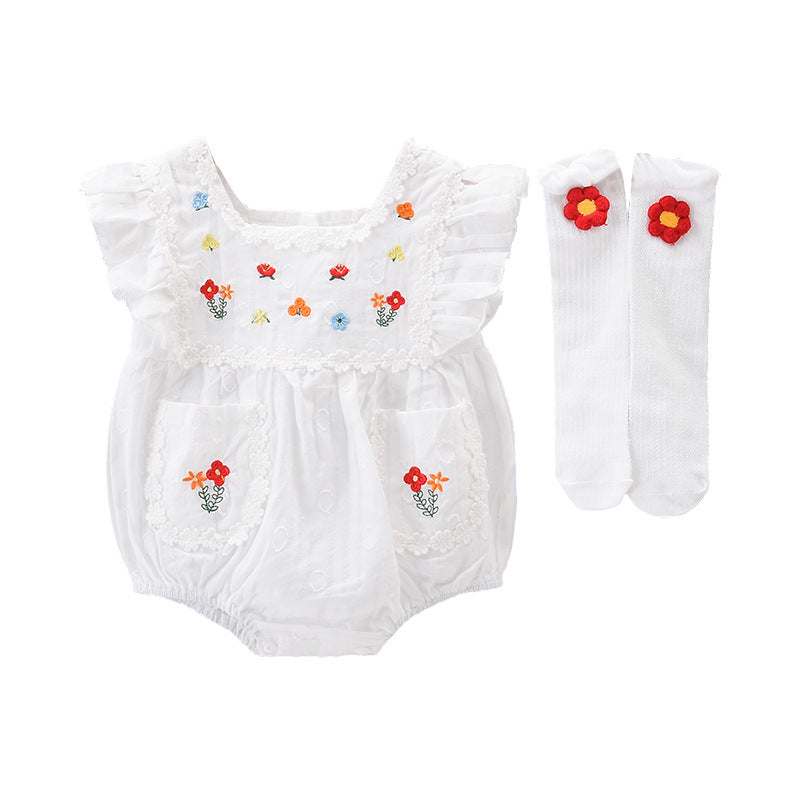 Embroidered Baby Girl Romper | With Socks | For Summer - # BAAA21110041