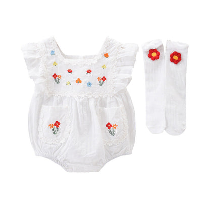 Embroidered Baby Girl Romper | With Socks | For Summer - # BAAA21110041