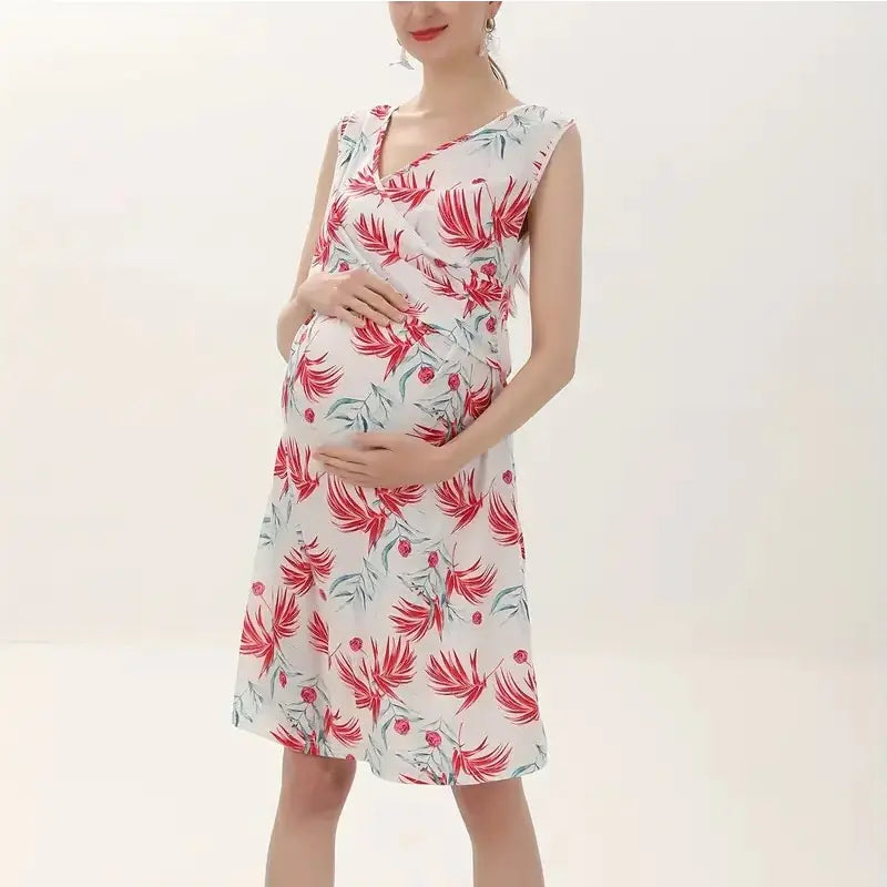 European American Maternity Dress - Printed V-neck Design - # PRGTA11510011