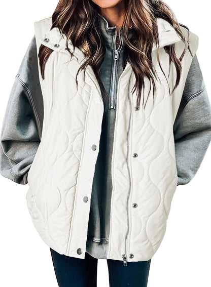 EVALESS Cropped Puffer Vest Women Lightweight Quilted Stand Collar Sleeveless Jackets Fall Button Zip Up Warm Coat Outerwear X-Large White - # GIAA23210002-PRG