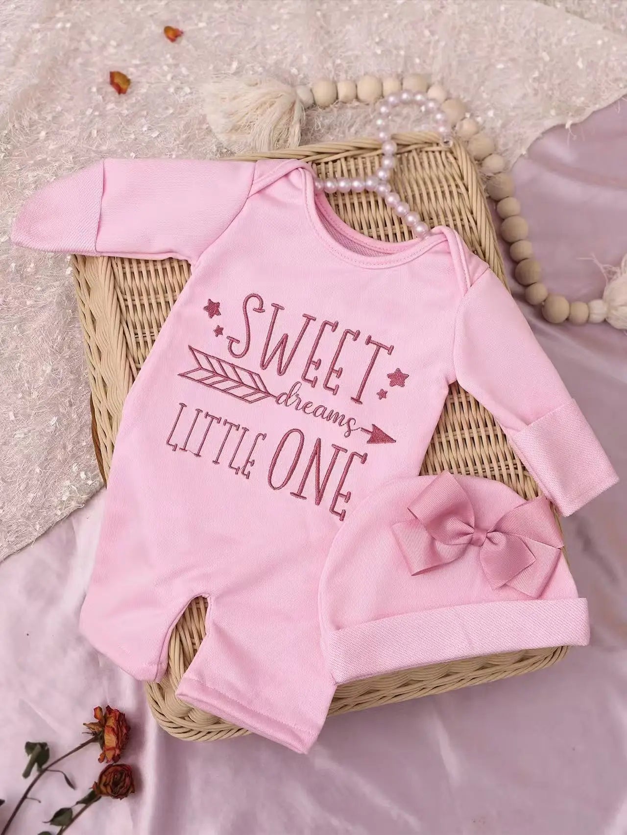 Ylsteed 2Pcs Newborn Photography Long Tleeves Romper Jumpsuit With Bow Hat Embroidery Baby Clothes Photography Props-HD