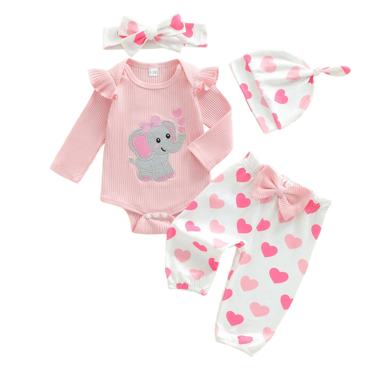 Long-sleeved Onesie With Long Pants Hat Hairband, Four-piece Set