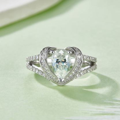 S925 Sterling Silver 1ct Heart Cut Moissanite Ring, 5x8mm D-VVS1 Split Shank Pave Halo, Platinum Plated US Sizes 5-9, GRA Certificate Gift Box