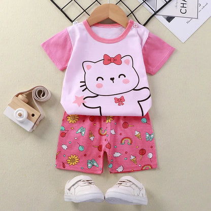 Baby Girl Summer Outfit Set Short Sleeve T-shirt And Shorts Children's Clothing Ages 0-4T