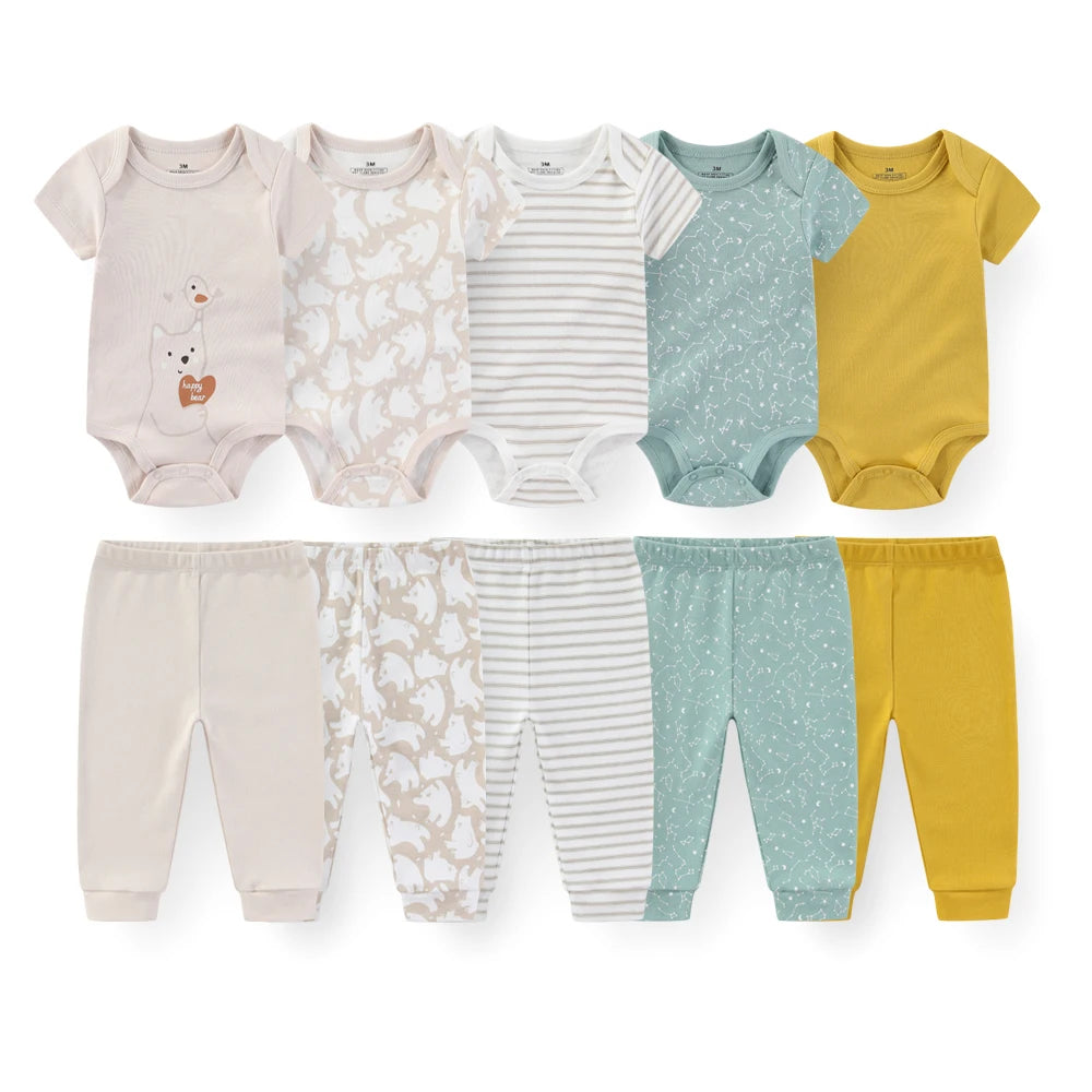 Kiddiezoom 10 Pcs/Lot Four Seasons Fashion Unisex Baby Boy Girl Clothing Set Soft Newborn Bodysuits+Pants Infant Outfit Gift