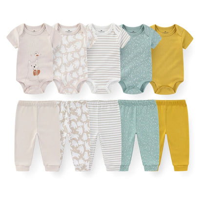 Kiddiezoom 10 Pcs/Lot Four Seasons Fashion Unisex Baby Boy Girl Clothing Set Soft Newborn Bodysuits+Pants Infant Outfit Gift