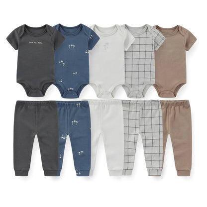 Kiddiezoom 10 Pcs/Lot Four Seasons Fashion Unisex Baby Boy Girl Clothing Set Soft Newborn Bodysuits+Pants Infant Outfit Gift
