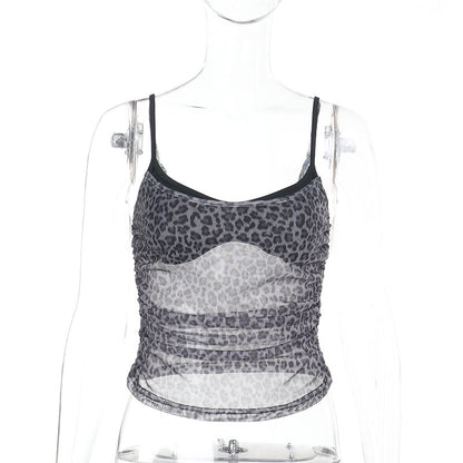 New Sexy Mesh Leopard-Print Fake Two-Piece Camisole Top
