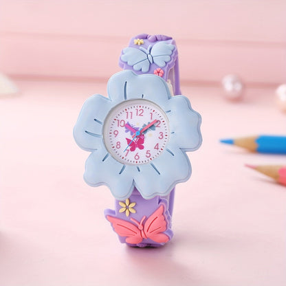 Student Girl Children Cartoon Color Cute Flowers Pattern Silicone Quartz Watch