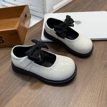 2026 Spring New Kids Leather Shoes, Stylish Black Bow Princess Mary Jane Flat Shoes For Girls