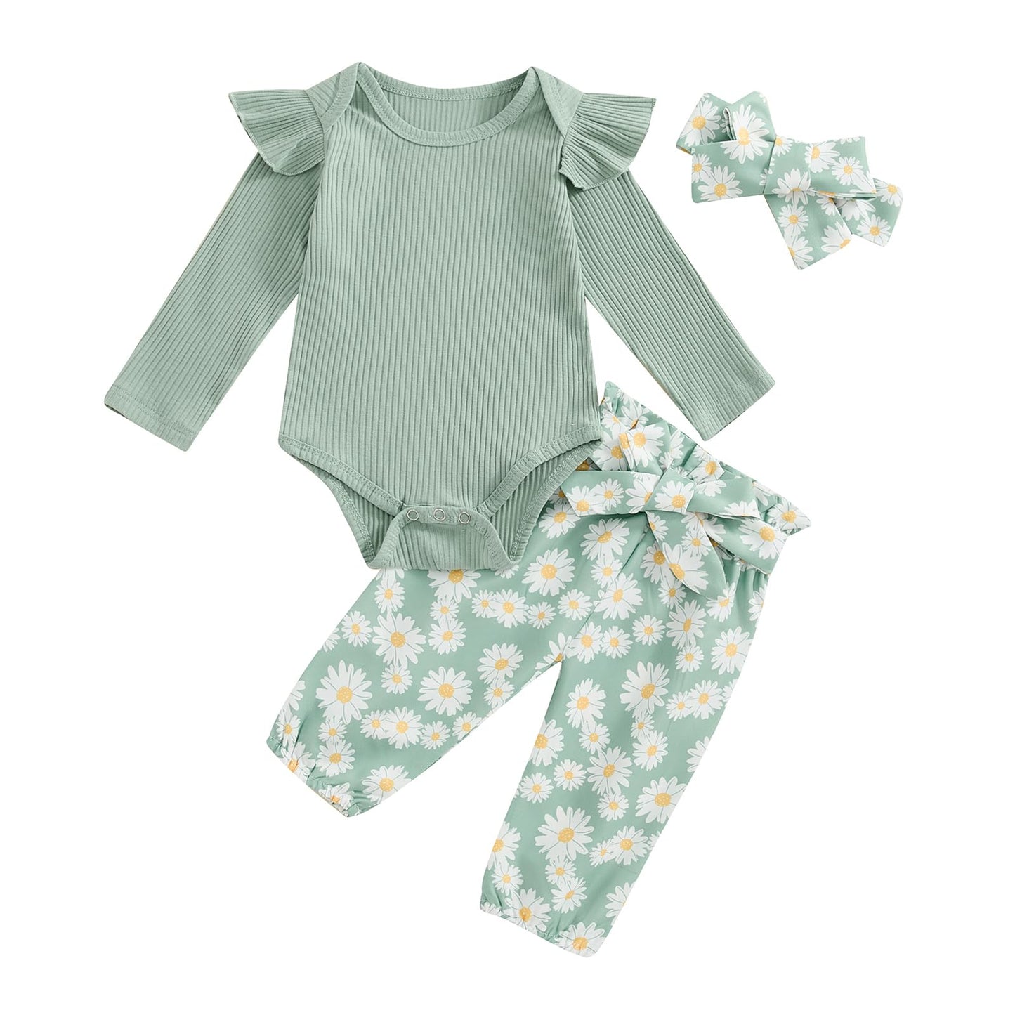 fhutpw Baby Girl Clothes Outfits | Long Sleeve Knitted Romper & Daisy Pants | Fall / Winter | 3Pcs Clothes Sets | Daisy Green | 0-3 Months - # BAAA71710016
